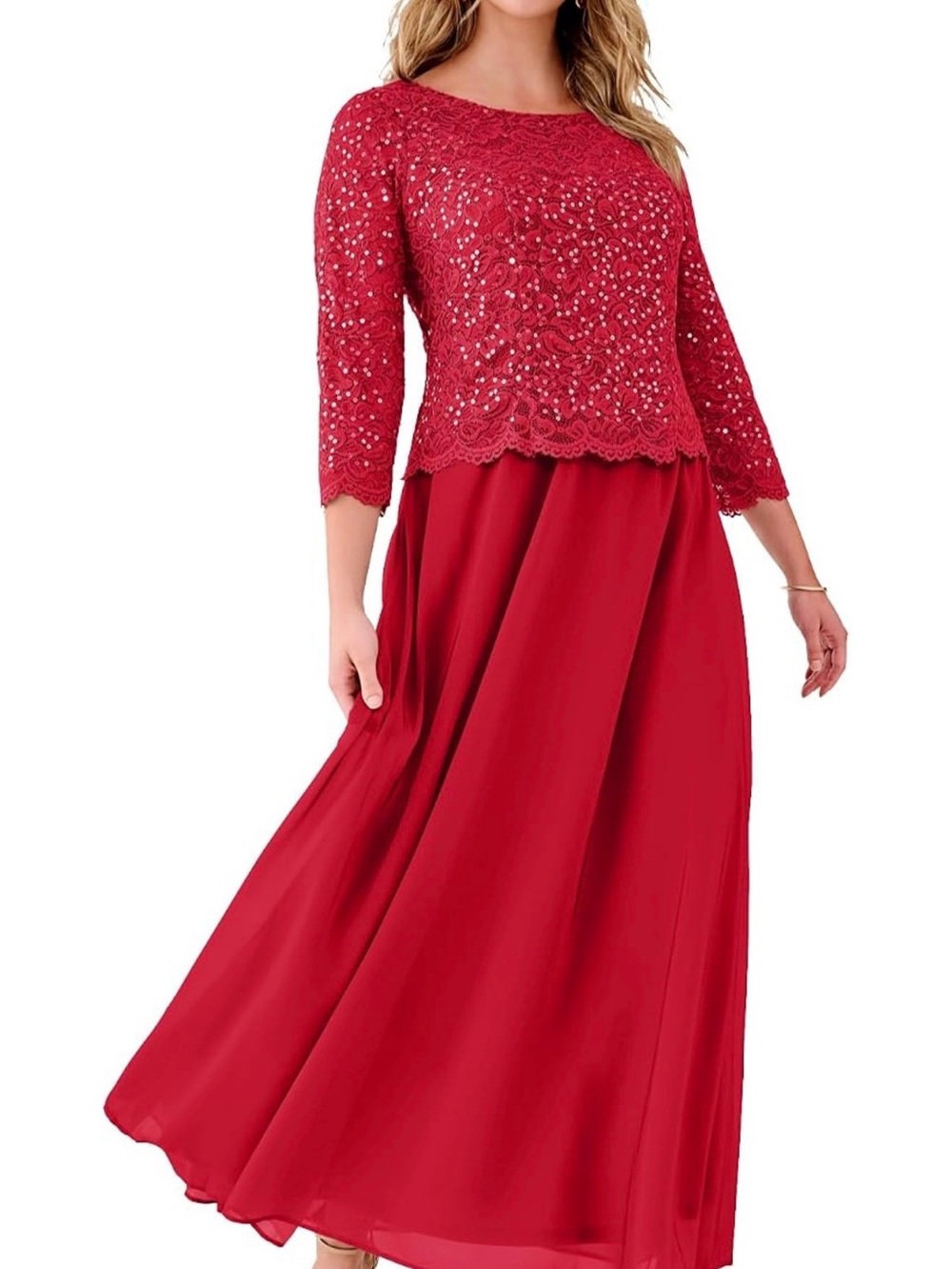 NWOT-Elegant Red Lace Overlay Maxi Skirt Dress